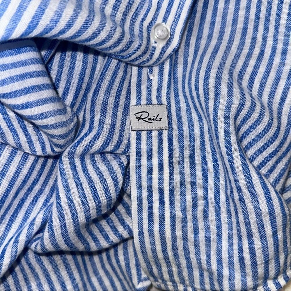 Rails L Charli Blue White Vertical Stripes Yellow Green Embroidered Roses Shirt - Picture 12 of 15
